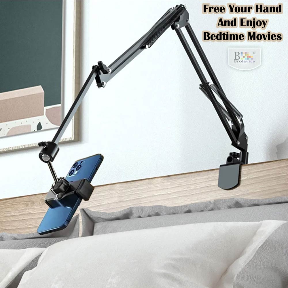 BROLAVIYA® No Shadow Overhead Video Mobile Stand, Extra Long Metal Arm, 10 inch Selfie Ring Light, Flexible Wire, 2-Way Base Clip, 1/4" Head for Camera, GoPro, for Desktop, Bedroom, Office