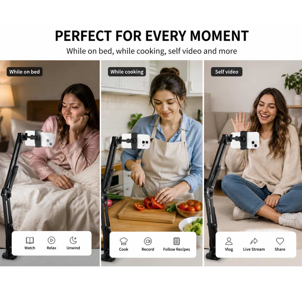 Brolaviya® Phone Holder for Bed & Desk, Adjustable Overhead Phone Mount with 360° Rotation, Multi-Angle Suspension Arm Stand, Hands-Free Mobile Holder for Video Recording, Drawing, Cooking, Reading & Live Streaming