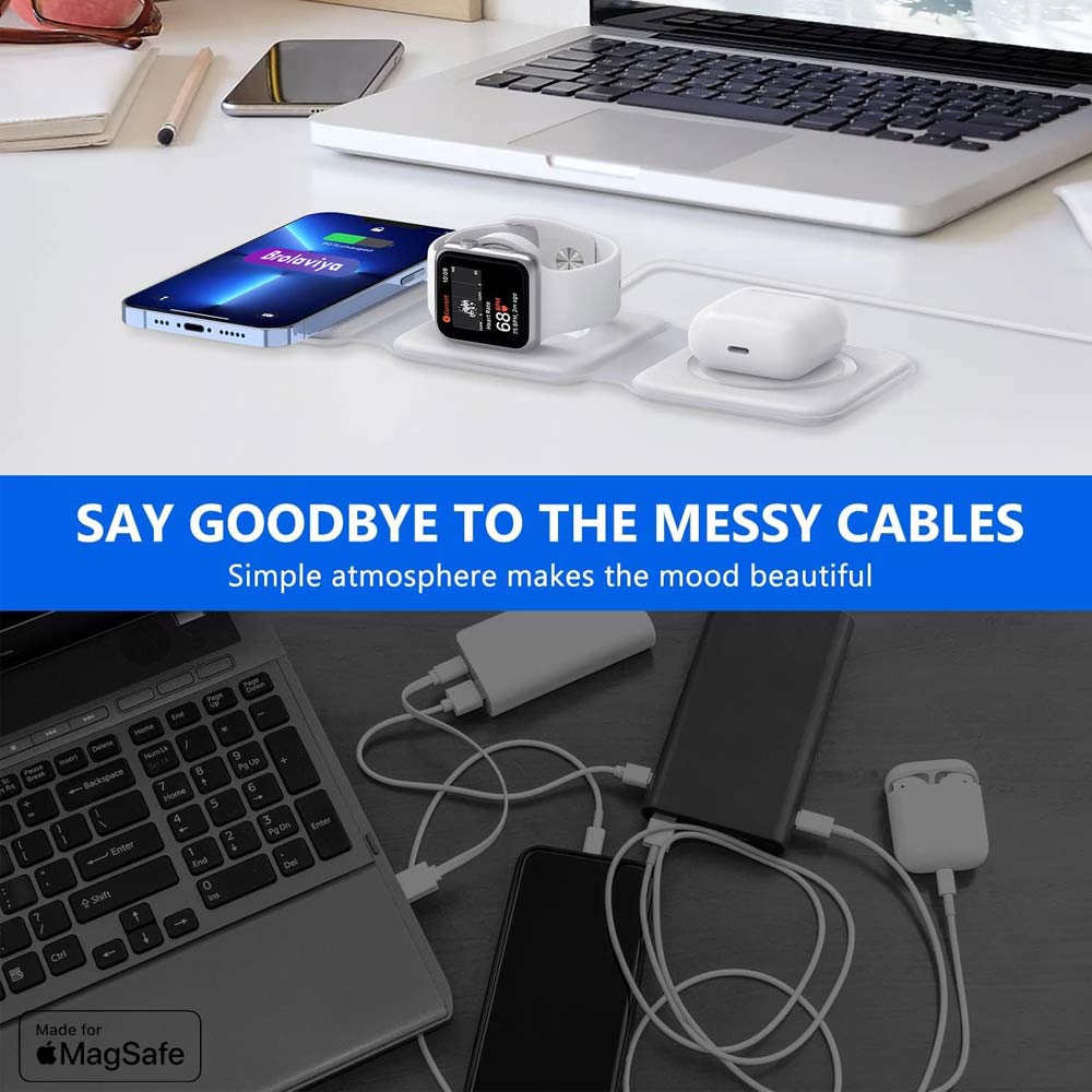 BROLAVIYA® 3 in 1 Magnetic Foldable 15W Wireless Charging Station for iPhone 17/16/15/14/13/12/11 Series, Samsung Galaxy S25/S24/S23/S22/S21/S20, Watch & Airpods with Type C Cable, White