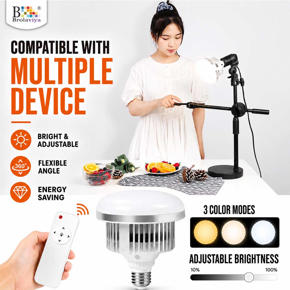 BROLAVIYA® 60W LED Photography Light Bulb with E27 Mount, Remote Control, Bi-Color 3000K-6000K, Dimmable for Studio Photography
