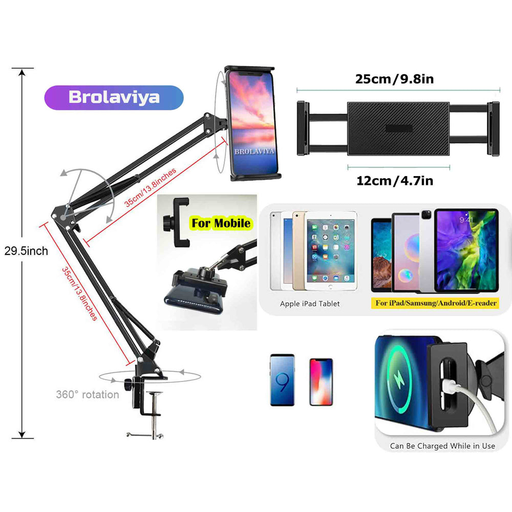 BROLAVIYA® Ovehead Mobile Phone Stand, Gooseneck Flexible Clip Lazy Arm Bracket for Both Mobiles and Tablets fits Device 4 - 10 Diagonal Inch For Overhead Video, Desktop, Bedroom, Office, Kitchen