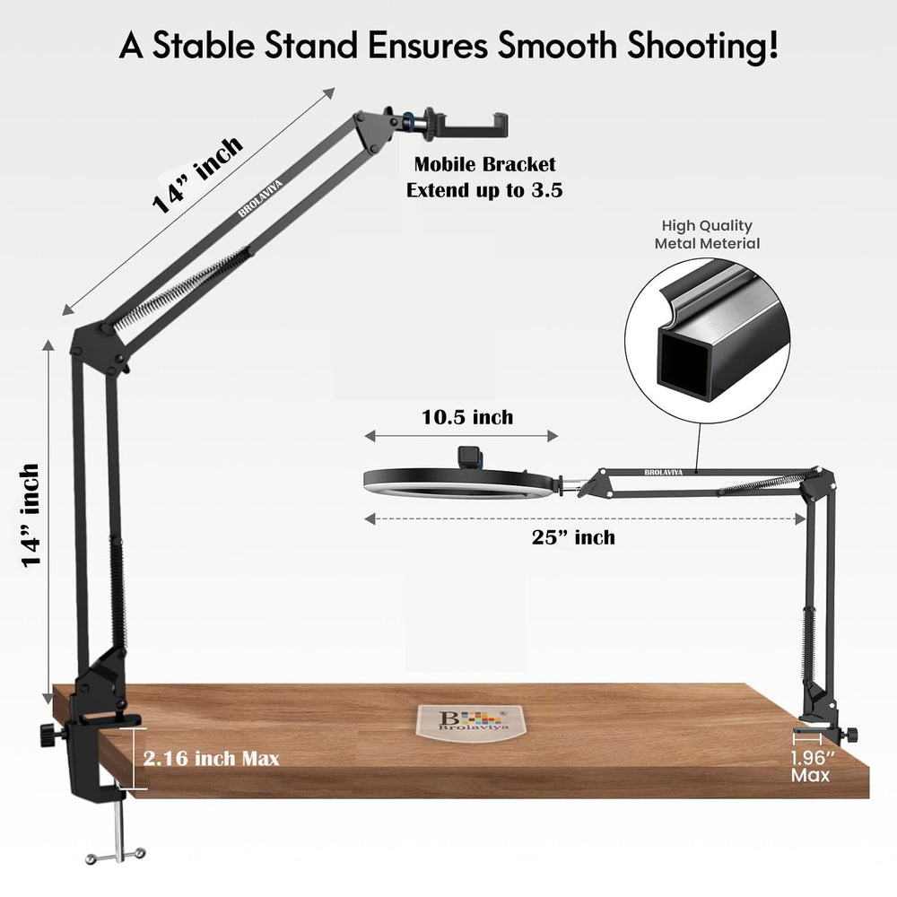 BROLAVIYA® No Shadow Overhead Video Mobile Stand with 10 inch Selfie Ring Light, Metal Arm - Image 8