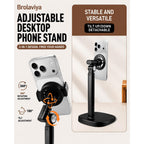 BROLAVIYA® 2-in-1 Magnetic & Clip Phone Stand for Desk, Adjustable Height Mobile Holder, MagSafe-Compatible Mount with Phone Clamp, 360° Rotation for Live Streaming, Recording, Video Calls & Cooking