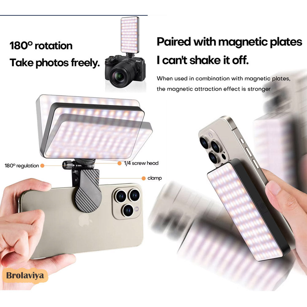 BROLAVIYA® Two-Sided Selfie Light 129 Beams 2000mAh CRI 96+ Rechargeable Cell Phone Fill Light Dimmable with Magnet Features for Smartphone Portable Clip for Video, Photography, Pocket Traveling