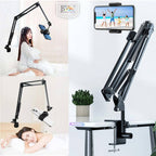 BROLAVIYA® No Shadow Overhead Video Mobile Stand, Extra Long Metal Arm, 10 inch Selfie Ring Light, Flexible Wire, 2-Way Base Clip, 1/4" Head for Camera, GoPro, for Desktop, Bedroom, Office