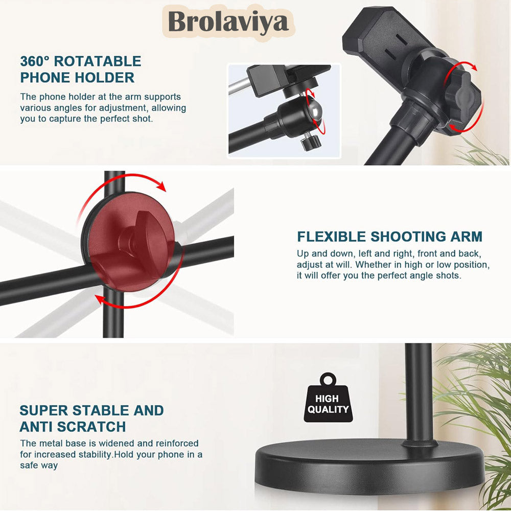 BROLAVIYA® Overhead Video Floor Stand with Slab Key Full Screen Fill 10 Inch LED light, Metal Arm, 1/4" Head for Camera, Webcam, Gopro With Mobile Bracket for YouTube, Desktop, Bedroom, Office