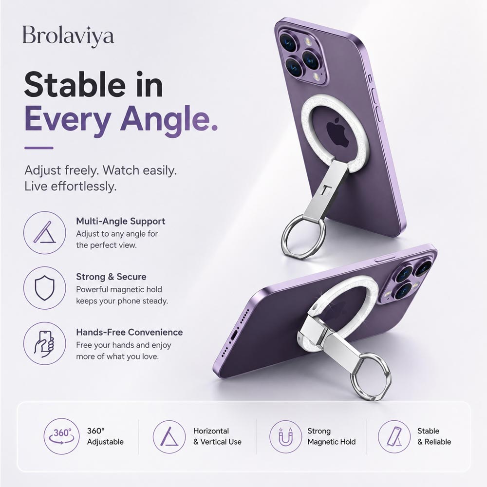 BROLAVIYA® Magnetic Phone Ring Holder, 360° Rotating & 180° Flip Finger Ring Stand, Ultra Slim Metal Grip Kickstand Compatible for iPhone 16/15/14/13/12 Series & All Smartphones – Silver