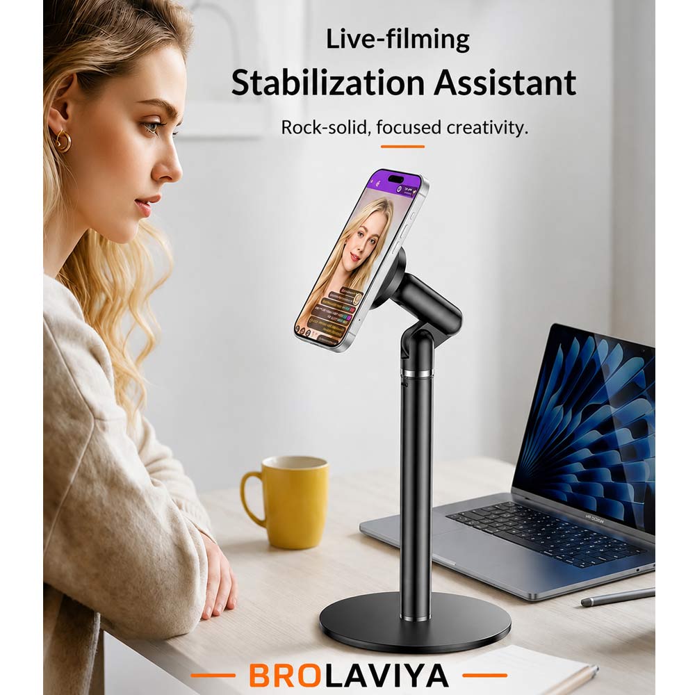 BROLAVIYA® Magnetic Mobile Phone Stand for Desk, Tabletop Stand, Adjustable Height & 360° Rotation, Strong N52 Magnetic Mount Compatible with iPhone 12-17 Series, Video Calls, Live Streaming