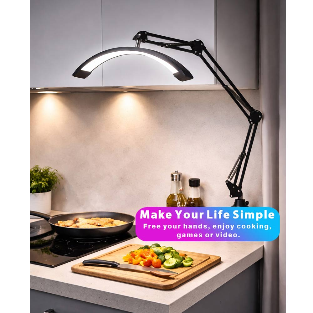 BROLAVIYA® 16 inch Half Moon Tabletop Lamp Light with 3 Axis Swing Metal Arm Stand, 3 Lighting Modes, 360 Degree Spin for Detailed Work, Home Office, Desktop, Make up, Reading, Black