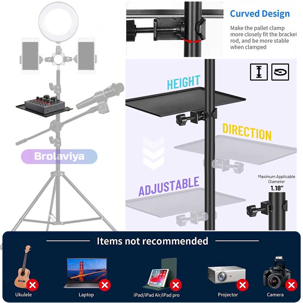 (Renewed) BROLAVIYA® Microphone Stand Shelf Adjustable Metal Tray Holder, Compatible with Most Microphone Stands and Music Tripod Stands, Size 7.9” X 5.7” Inch