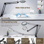 BROLAVIYA® 5X Magnifying Glass with LED Light and Stand, 3 Color Modes Dimmable, Adjustable Swivel Metal Arm, Large 2 Way Base Clamp, Magnifier Desk Lamp for Close Work, Repair, Crafts, Reading – Black