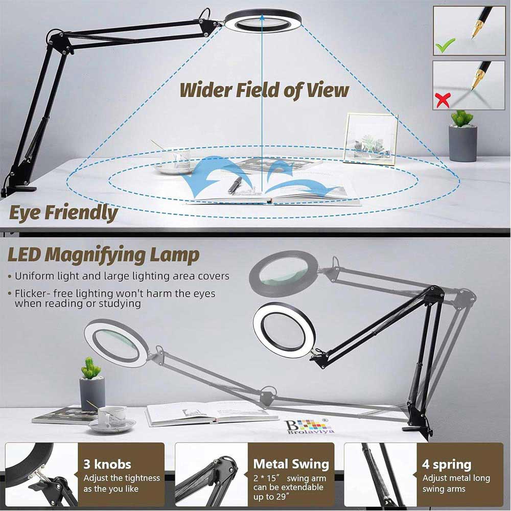 BROLAVIYA® 5X Magnifying Glass with LED Light and Stand, 3 Color Modes Dimmable, Adjustable Swivel Metal Arm, Large 2 Way Base Clamp, Magnifier Desk Lamp for Close Work, Repair, Crafts, Reading – Black