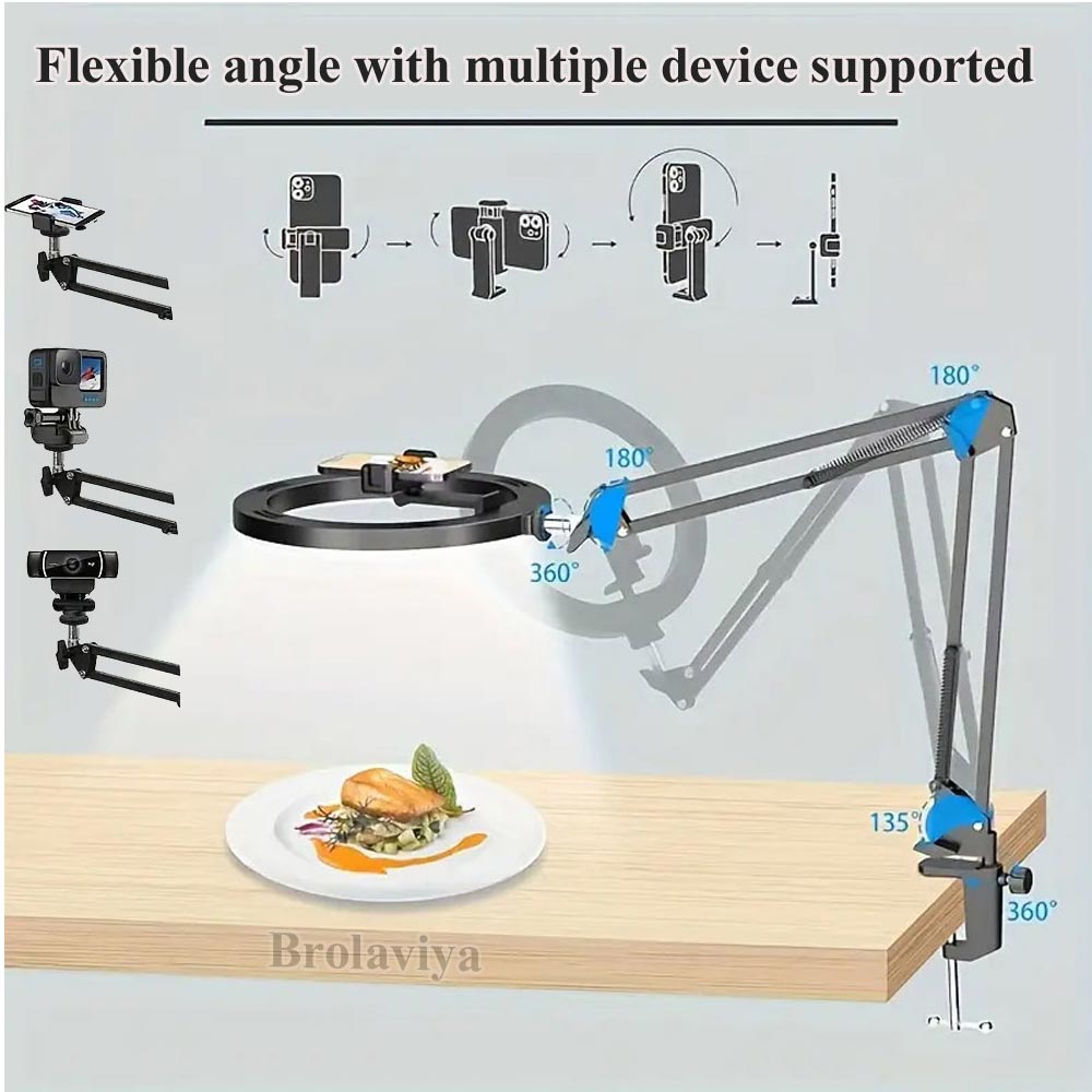BROLAVIYA® Upgraded No Shadow Overhead Video Mobile Stand with 10 inch Selfie Ring Light, Metal Arm, 1/4" Adaptor for Camera, GoPro and Flexible Mobile Bracket for Desktop, Bedroom, Office