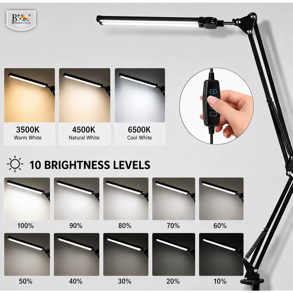 BROLAVIYA® Architect Double Head LED Desk Lamp Overhead Light, 3 Color Mode, 10 Levels Dimmable Brightness, Metal Body, Eye Protection Desk Light for Office, Study, Reading, Computer Workstation
