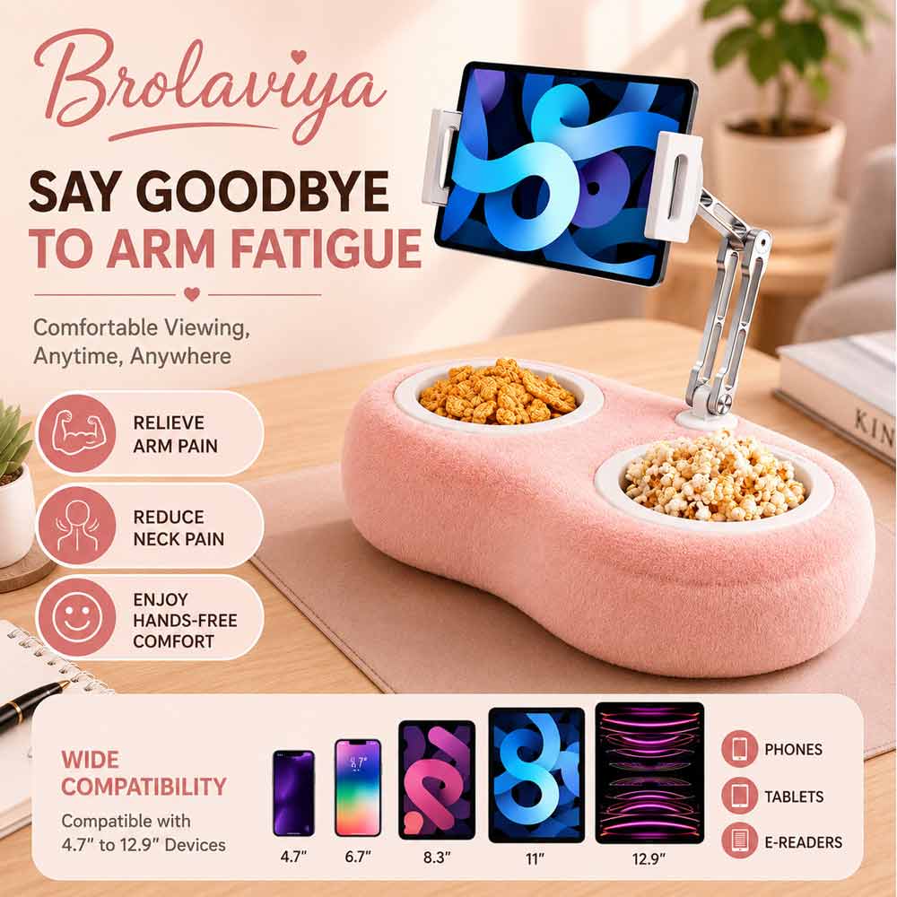 BROLAVIYA® Plush Tablet Holder Pillow with Adjustable Phone & Tablet Stand, Hands-Free Lap Desk with Dual Snack Bowls, Soft Portable Holder for Bed, Couch & Travel, Fits 4.7″–12.9″ Devices