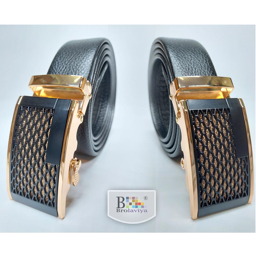 BROLAVIYA® Universal Adjustable Automatic Ratchet Buckle Mens Belt, Length 110 CM, Gold Grill Style