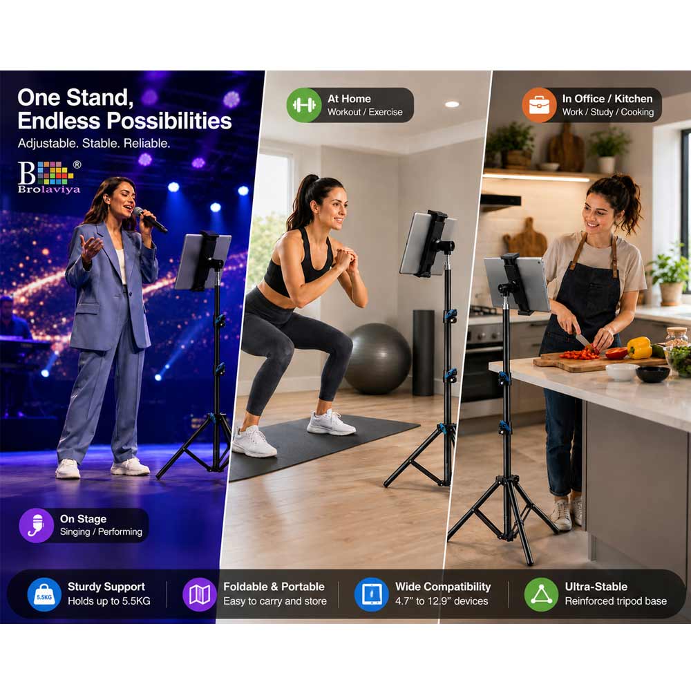 BROLAVIYA® Tablet Tripod Floor Stand, Adjustable up to 75″, Fits 4.7″-12.9″ Phones & Tablets, Compatible with iPad Pro/Air/Mini, Galaxy Tab, for Live Streaming, Office, Cooking & Fitness