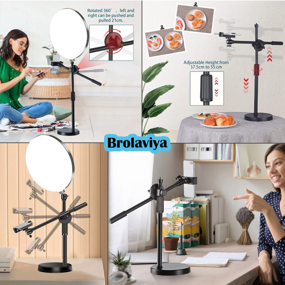 BROLAVIYA® Overhead Video Floor Stand with Full-Screen Fill 10" Ring Light with Remote, Metal Flexible Arm, 1/4" Head for Camera, Webcam with Mobile Bracket for YouTube, Desktop, Bedroom, Office