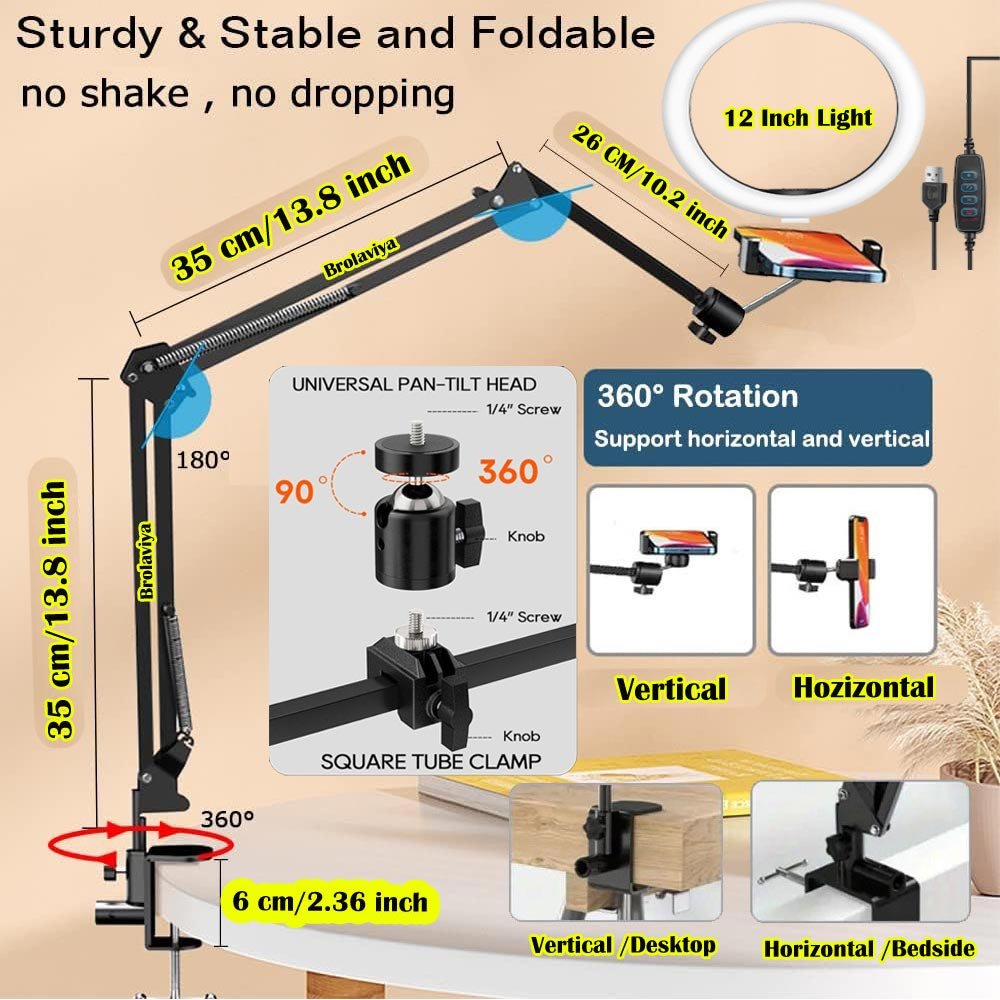 BROLAVIYA® No Shadow Overhead Video Mobile Stand with Extra Long Metal Arm, 12 Inch Large  - Image 9