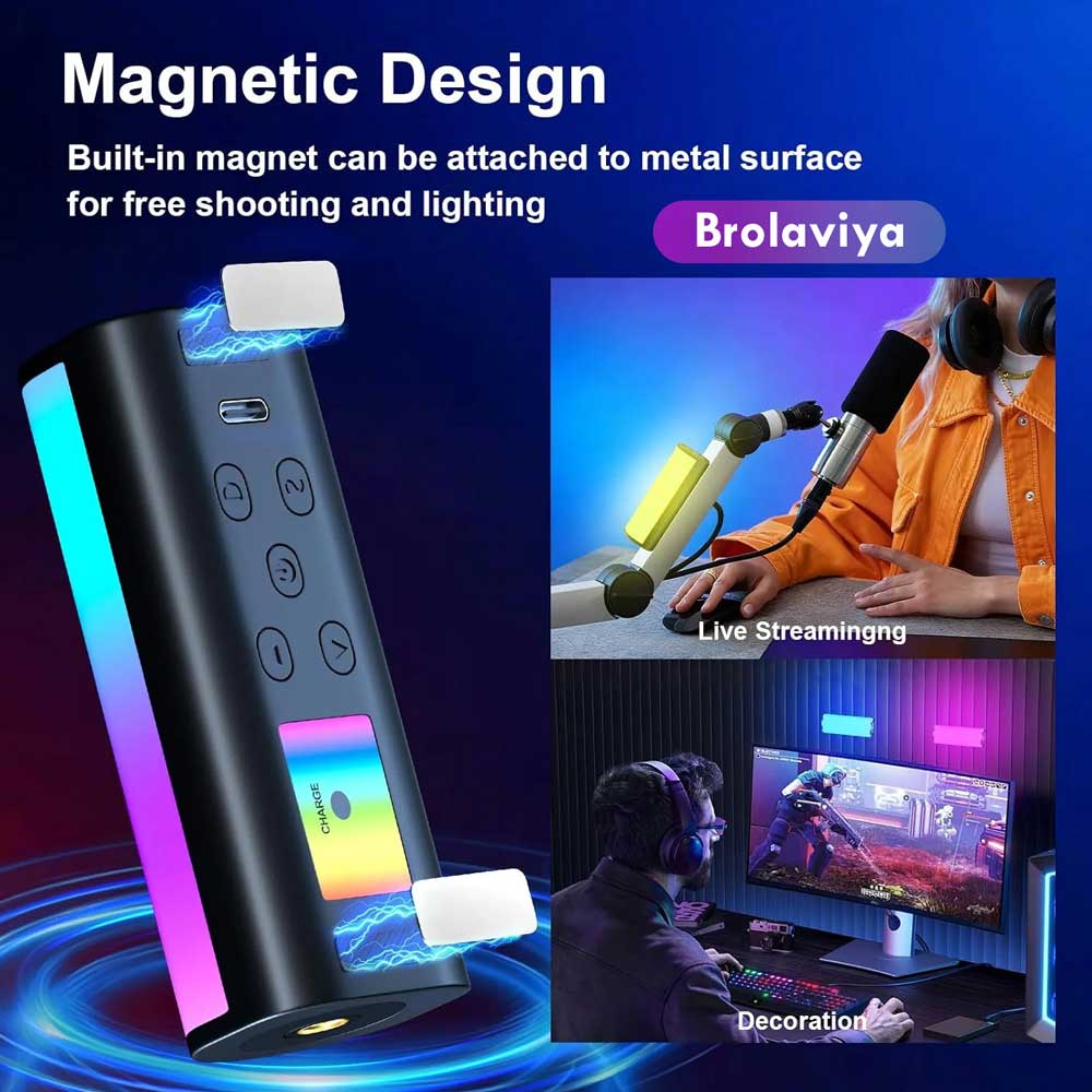 BROLAVIYA® Magnetic RGB Video Rechargeable Pocket Light, Wand Handheld LED Fill Lamp 2500K-7000K Dimmable, RGB Lighting Effects Video Conference Light for Computer Tablet Mobile Phone DSLR Camera