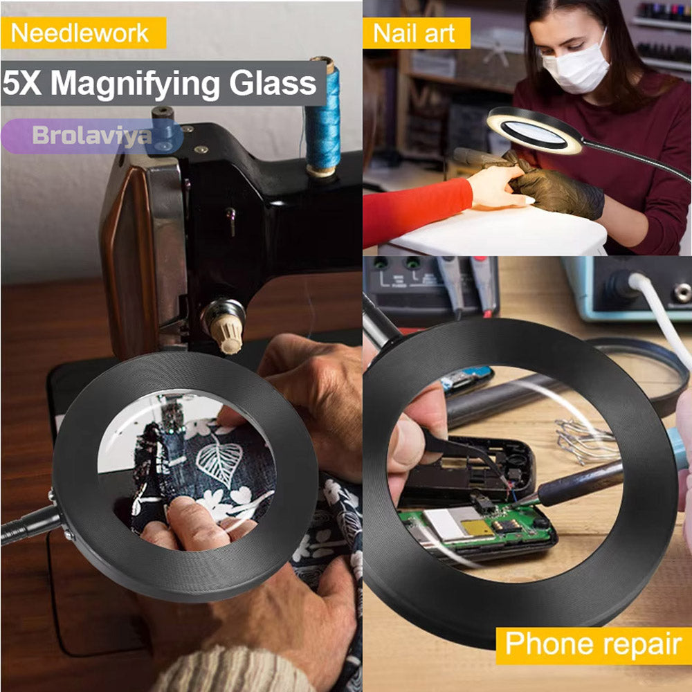 BROLAVIYA® Overhead 5X Magnifying Glass with LED Light and Stand, 3 Color Modes Dimmable, Flexible Hose Metal Arm, Magnifier Desk Lamp for Crafts, Makeup, Reading, Photography