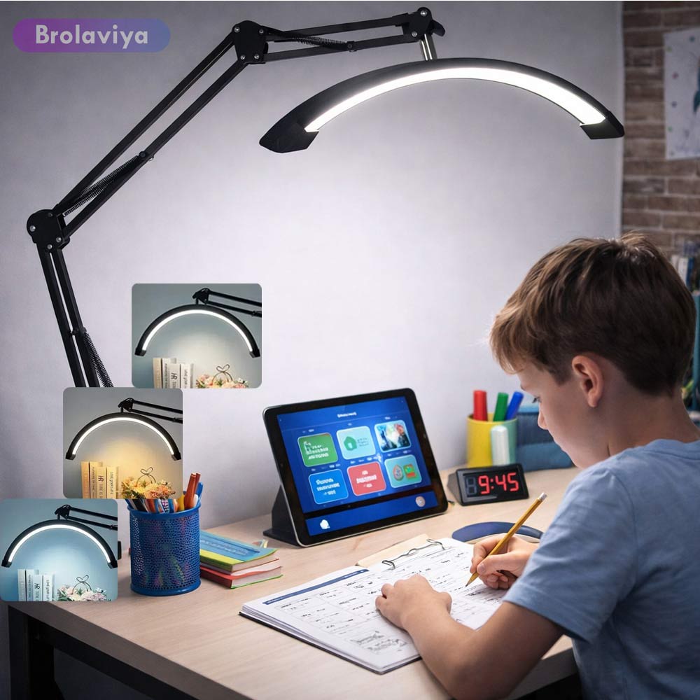 BROLAVIYA® 16 inch Half Moon Tabletop Lamp Light with 3 Axis Swing Metal Arm Stand, 3 Lighting Modes, 360 Degree Spin for Detailed Work, Home Office, Desktop, Make up, Reading, Black