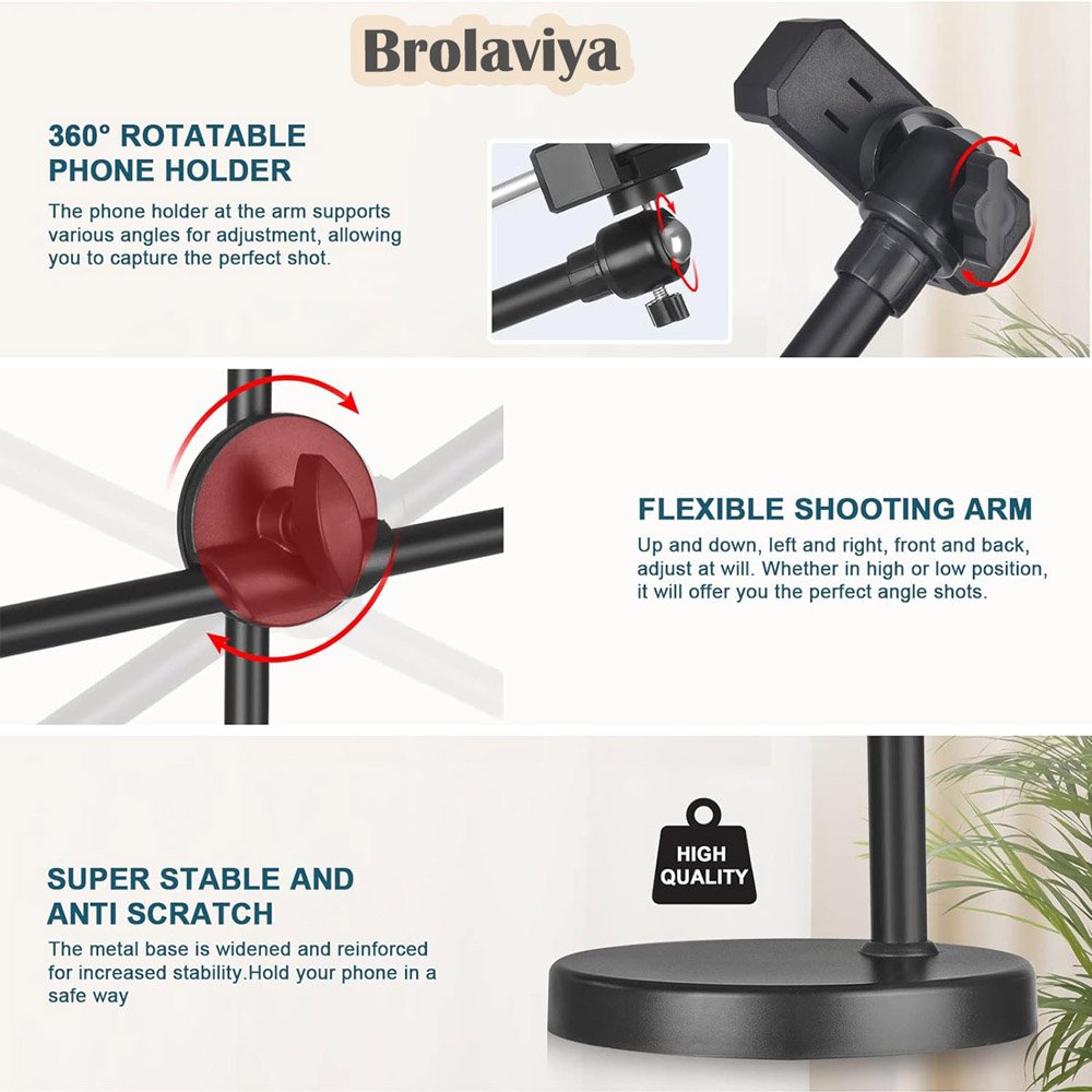 BROLAVIYA® Overhead Video Floor Stand with 10 Inch Ring Light, Metal Arm, 1/4" Ball Head f - Image 7