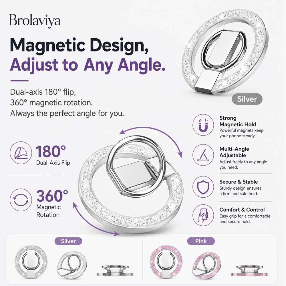 BROLAVIYA® Magnetic Phone Ring Holder, 360° Rotating & 180° Flip Finger Ring Stand, Ultra Slim Metal Grip Kickstand Compatible for iPhone 16/15/14/13/12 Series & All Smartphones – Silver