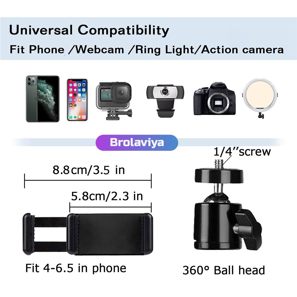 BROLAVIYA® Desk Stand with 1/4″ Screw Mount, Adjustable Desktop Mount for Mobile, Ring Light, Camera, Webcam & LED Video Light, 360° Ball Head, Metal Table Clamp Stand for Live Streaming & Recording