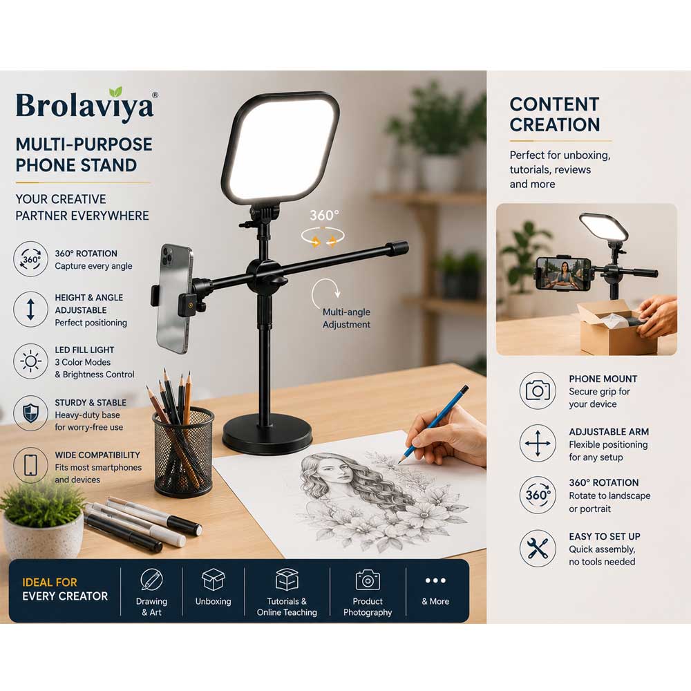 BROLAVIYA® Overhead Phone Stand with LED Fill Slab Light, 360° Rotating Phone Holder, Desk Stand for Reading, YouTube, Reels, Cooking Videos, Recording & Content Creation