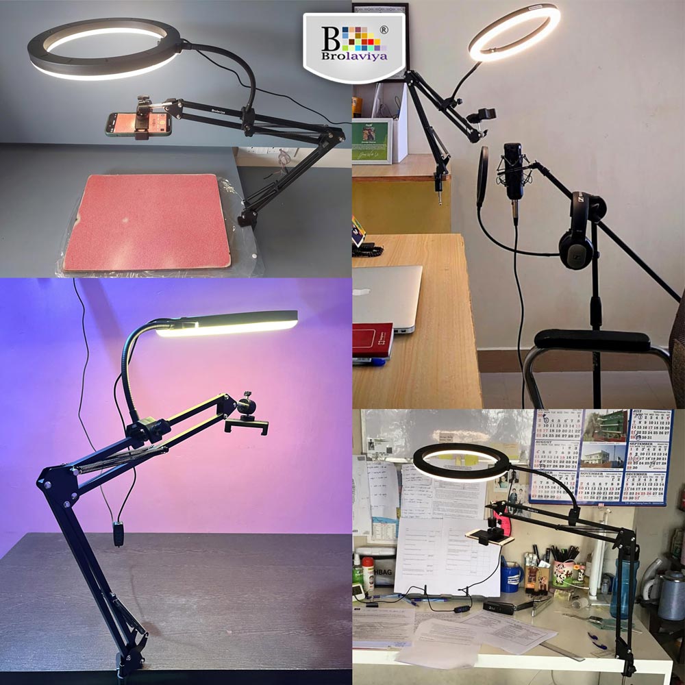 BROLAVIYA® Overhead Video Mobile Stand with 10 Inch Ring Light, Metal Arm, 1/4" Ball Head for Camera, Gopro with Mobile Bracket and Flexible Clip Arm