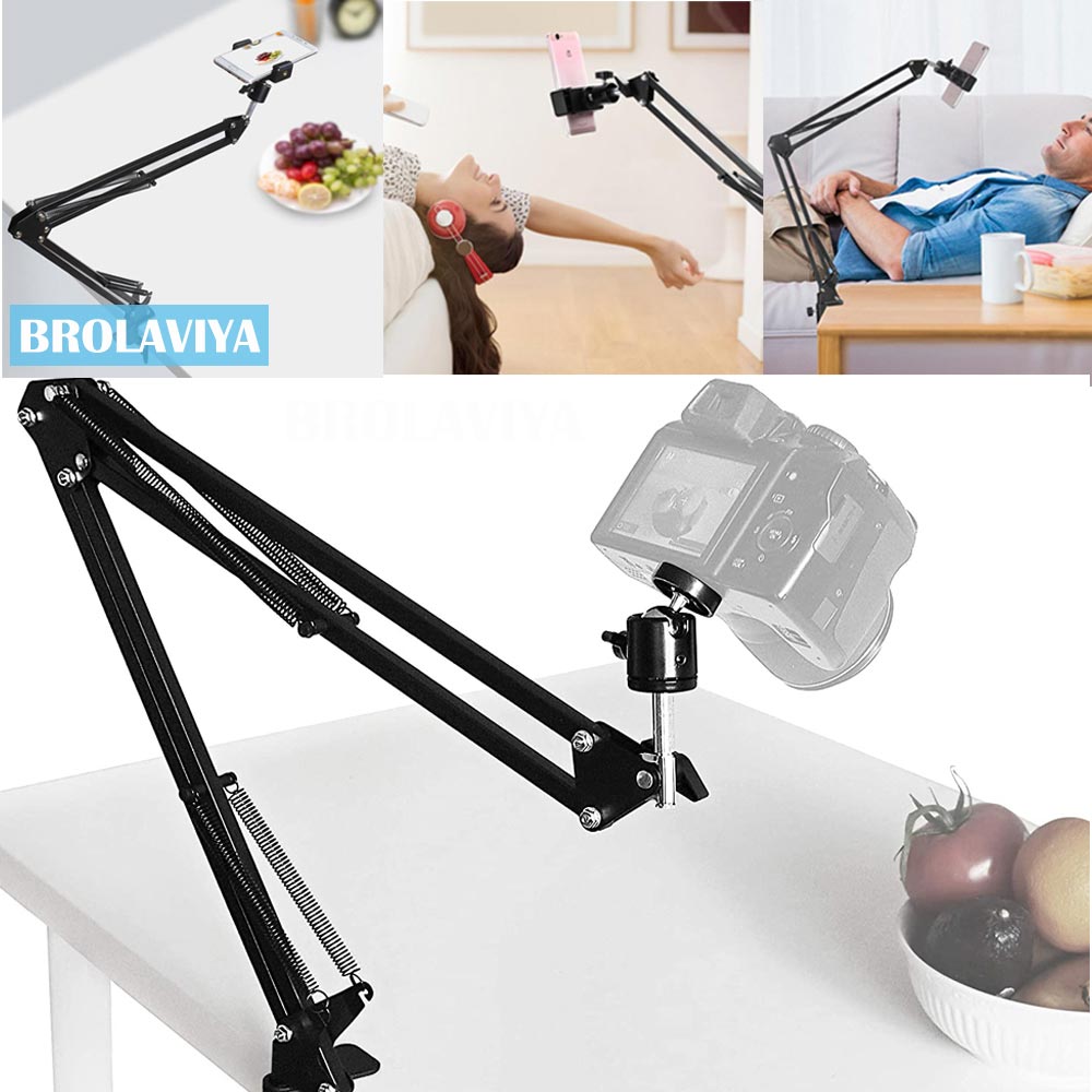 BROLAVIYA® Overhead Video Mobile Stand, New Crystal 3D LED 10 Inch RGB Ring Light, 2 Way Base Clamp, 1/4" Ball Head for Camera, Webcams with Mobile Bracket