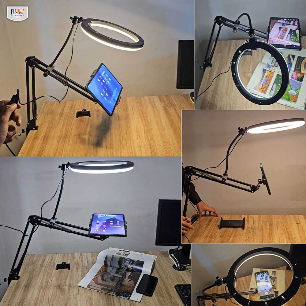 BROLAVIYA® Overhead Video Stand with 10 Inch Ring Light, Metal Arm Body, 1/4" Ball Head Fo - Image 2