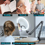 (Renewed) BROLAVIYA® Overhead Video Mobile Stand with 10 Inch Ring Light, Metal Arm, 1/4" Male Adaptor