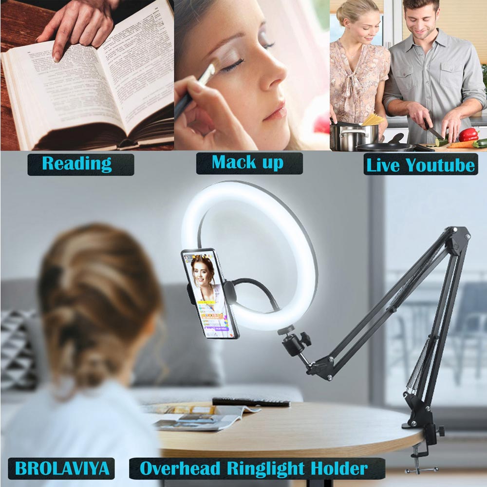 (Renewed) BROLAVIYA® Overhead Video Mobile Stand with 10 Inch Ring Light, Metal Arm, 1/4" Male Adaptor