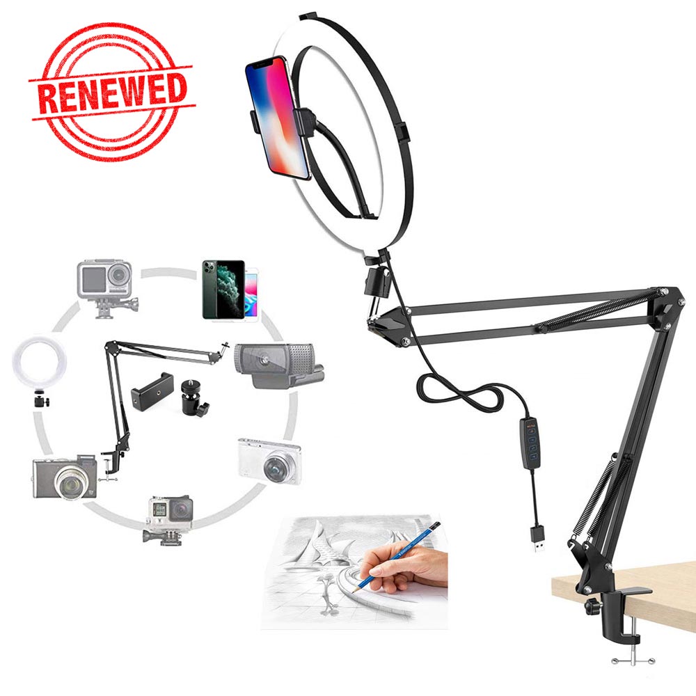 (Renewed) BROLAVIYA® Overhead Video Mobile Stand with 10 Inch Ring Light, Metal Arm, 1/4" Male Adaptor