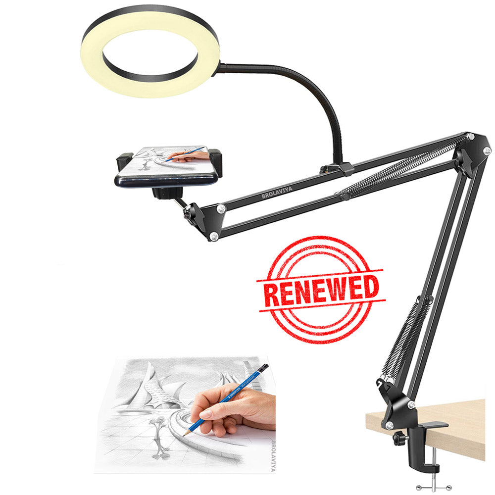 (Renewed) BROLAVIYA® Overhead Video Stand with 6 Inch Ring Light, Metal Arm Body, 1/4" Ball Head For Camera, Webcam, Gopro with Mobile and Tablet Bracket For Overhead Video, Desktop, Bedroom, Office