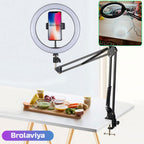 (Renewed) BROLAVIYA® Overhead Video Mobile Stand with 10 Inch Ring Light, Metal Arm, 1/4" Male Adaptor