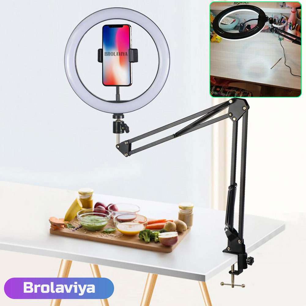 (Renewed) BROLAVIYA® Overhead Video Mobile Stand with 10 Inch Ring Light, Metal Arm, 1/4" Male Adaptor