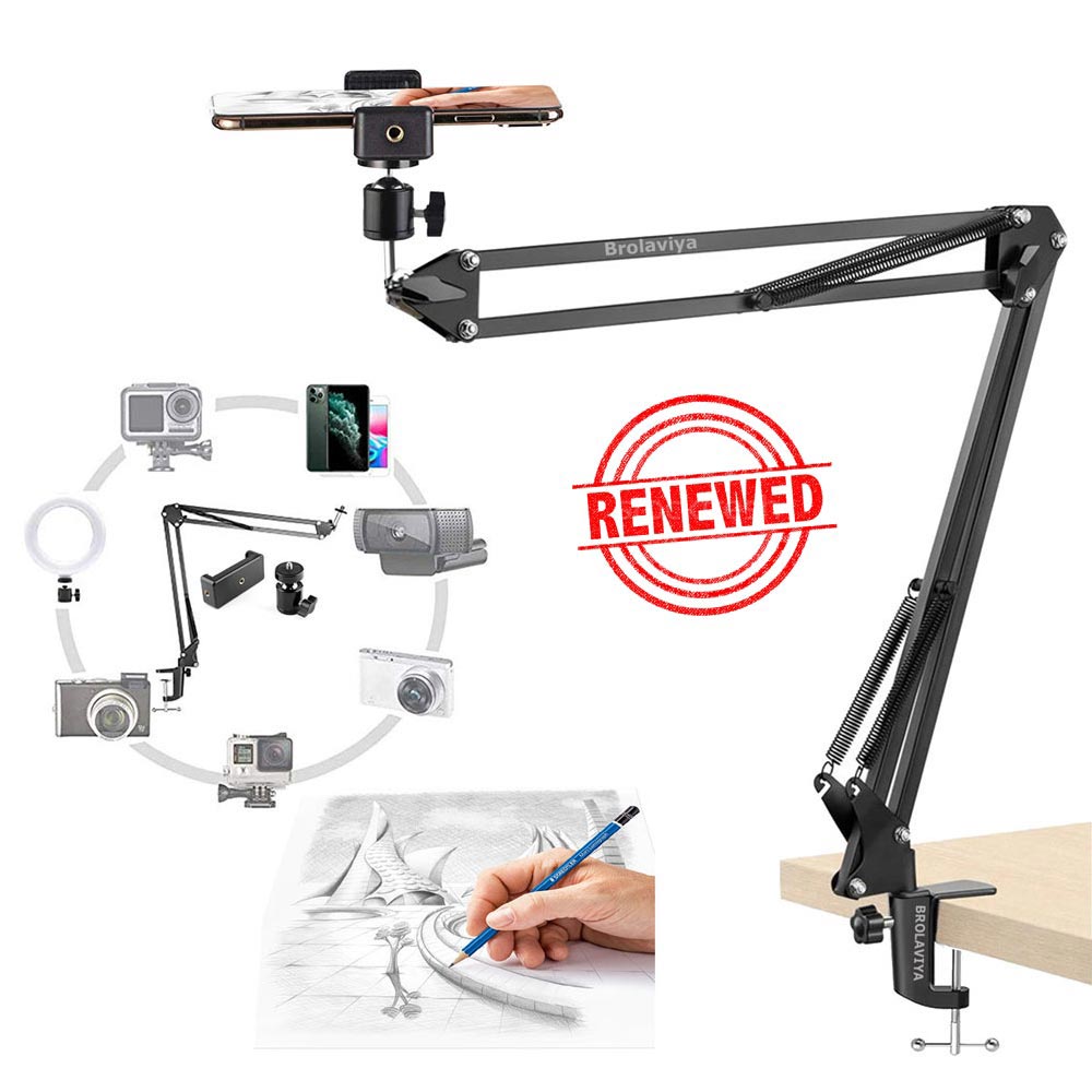 (Renewed) BROLAVIYA® Overhead Mobile Video Stand, Metal Long Arm, 1/4" Ball Head Male For Camera, Gopro Webcams, Mobile Holder